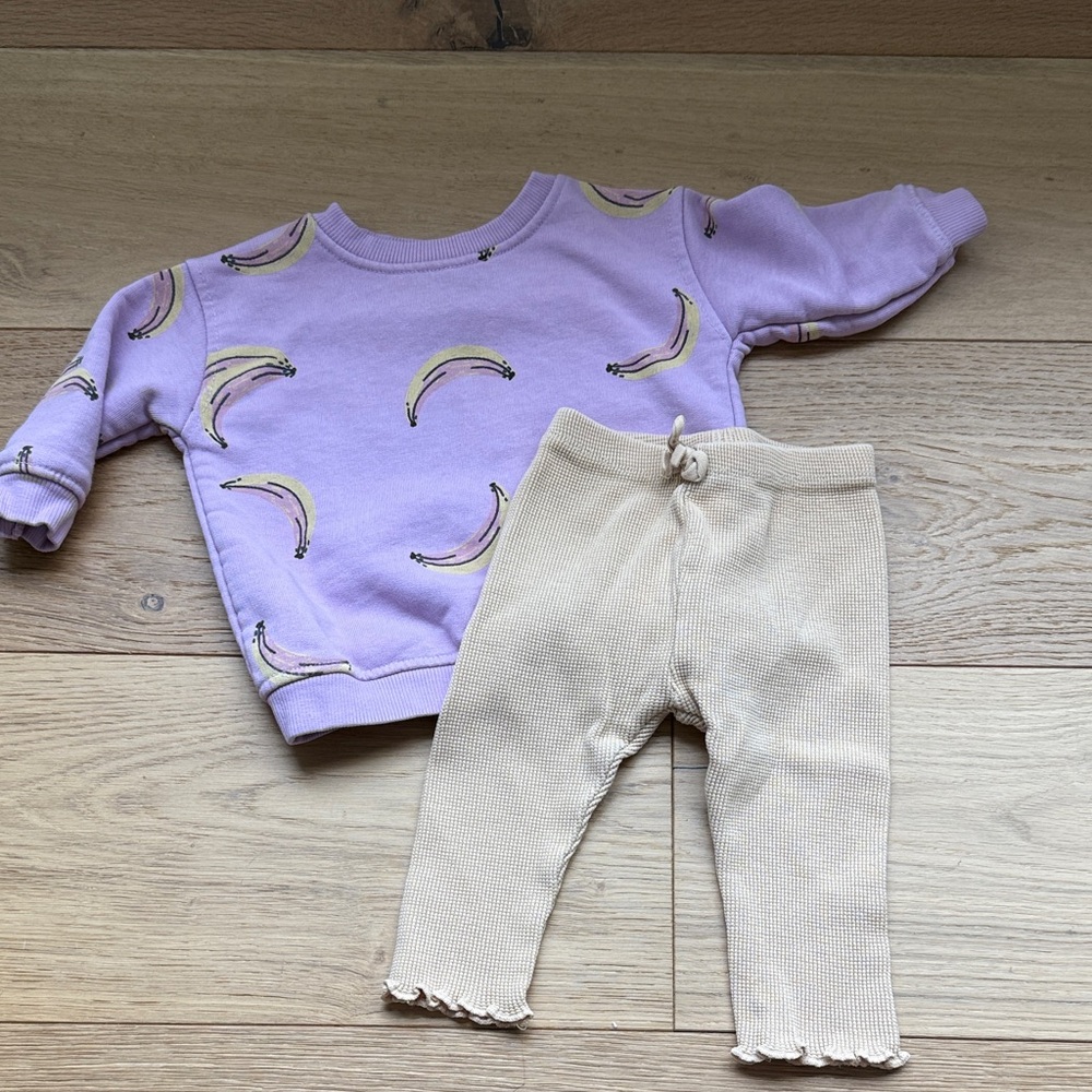 Zara Banana Print Sweater and Beige Pants Set